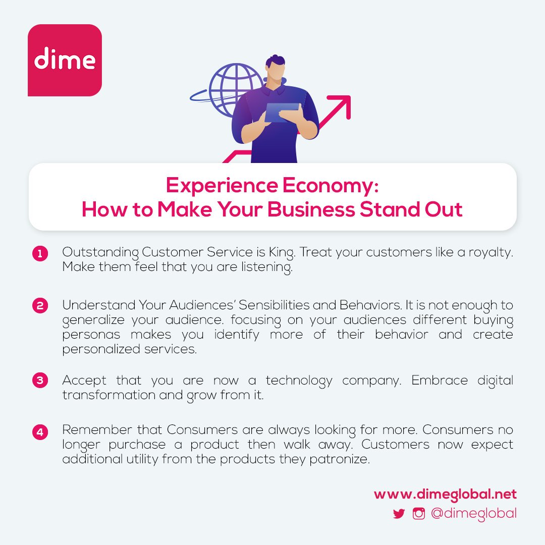 DimeGlobal's tweet photo. #DimeGlobal makes sure to be part of the #ExperienceEconomy by providing disruptive digital solutions that improves experiences of both corporate & individual consumers available real-time, wherever you are, on any device.
#DimeConnect #DimeWorld #DImeEngage https://t.co/qOcTT2SZlf