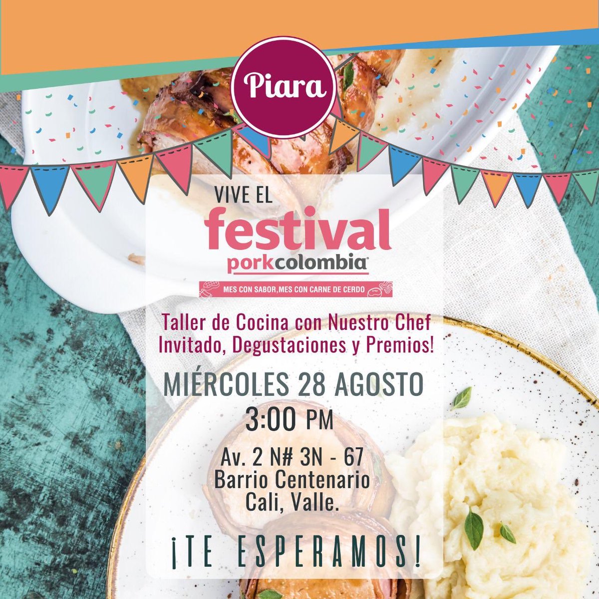 🎉🎉 Estamos de Festival🎉🎉 

Queremos invitarte a nuestro Taller de Cocina Piara®️ 🙌🏻 👨🏻‍🍳 
Tendremos degustaciones y muchos *Premios* 🎁🎊🛍 👏🏻👏🏻👏🏻

Confirma tu asistencia - Whatsapp 📲

@MiPorkcolombia @porkColombia @SENAComunica @p3bravo @fondo_emprender @JeffreyFajardoL