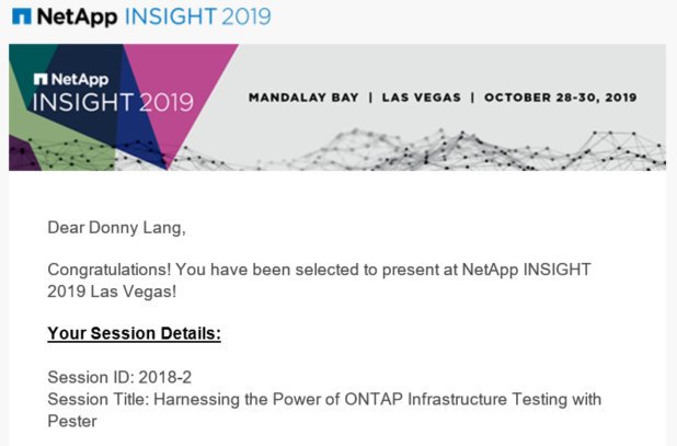 WOW! My session on storage infrastructure testing with @PSPester was accepted for @NetAppInsight 2019 in October!  I never thought in a million years that I'd get the chance to speak here, this is going to be awesome! Session builder opening soon! 😎 #NetAppUnited #NetAppInsight