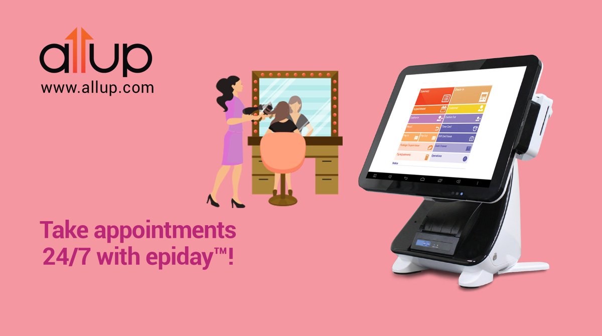 Let your clients schedule their next appointment even when your business is closed. With epiday™ and the AllUP™ Salon POS solution, your appointment book is open 24/7. To learn more and start your free trial, visit allup.com/en/Software/Al…  #allup #nailsalon #pos #salonpos #hair