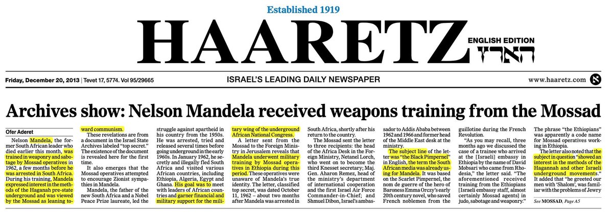 Titular de primera plana del periódico israelí Haaretz el viernes 20 de diciembre de 2013: "Los archivos muestran: Nelson Mandela recibió entrenamiento de armas del Mossad".