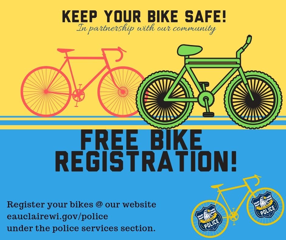 UWEC_POLICE's tweet image. Bringing a bike during #UWECMoveIn this weekend? First go get a quality bike lock to secure it and then go online and register your bicycle with the @EauClairePD FREE bike registration program. 602 #FreeisGood #serialnumber