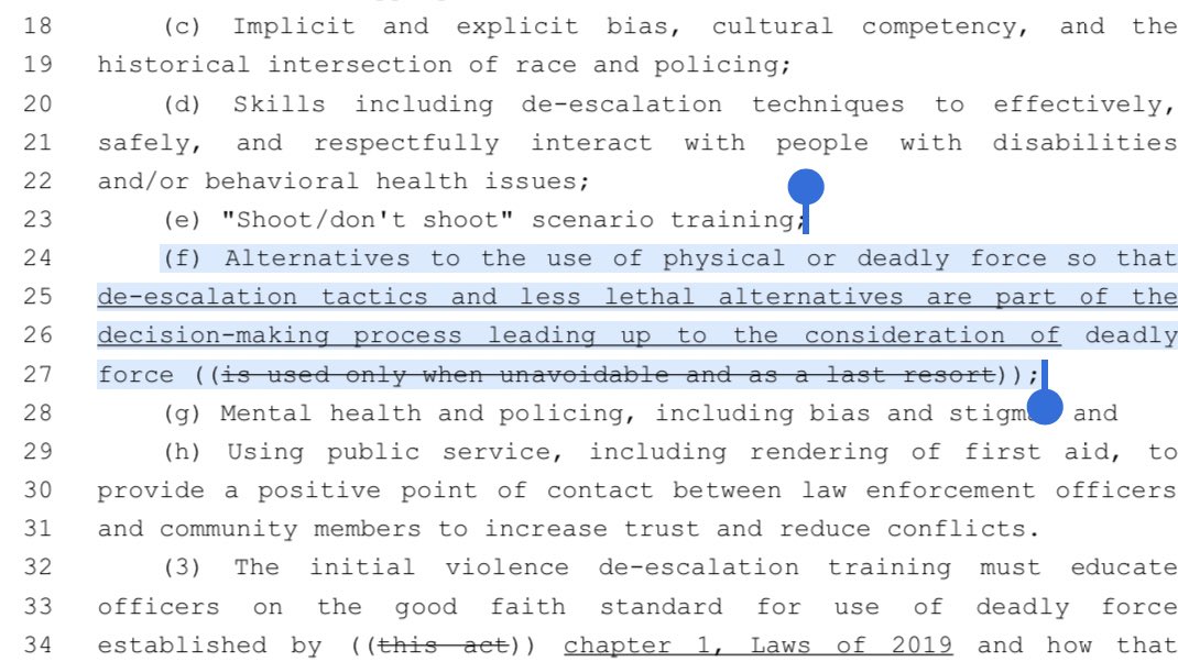 Police use of force legislation often contains edits that reveal how police successfully lobby legislators to let them continue shooting people unnecessarily. For example, here’s a law recently passed in Washington state. Why was this section removed?  http://lawfilesext.leg.wa.gov/biennium/2019-20/Pdf/Bills/Session%20Laws/House/1064-S.SL.pdf