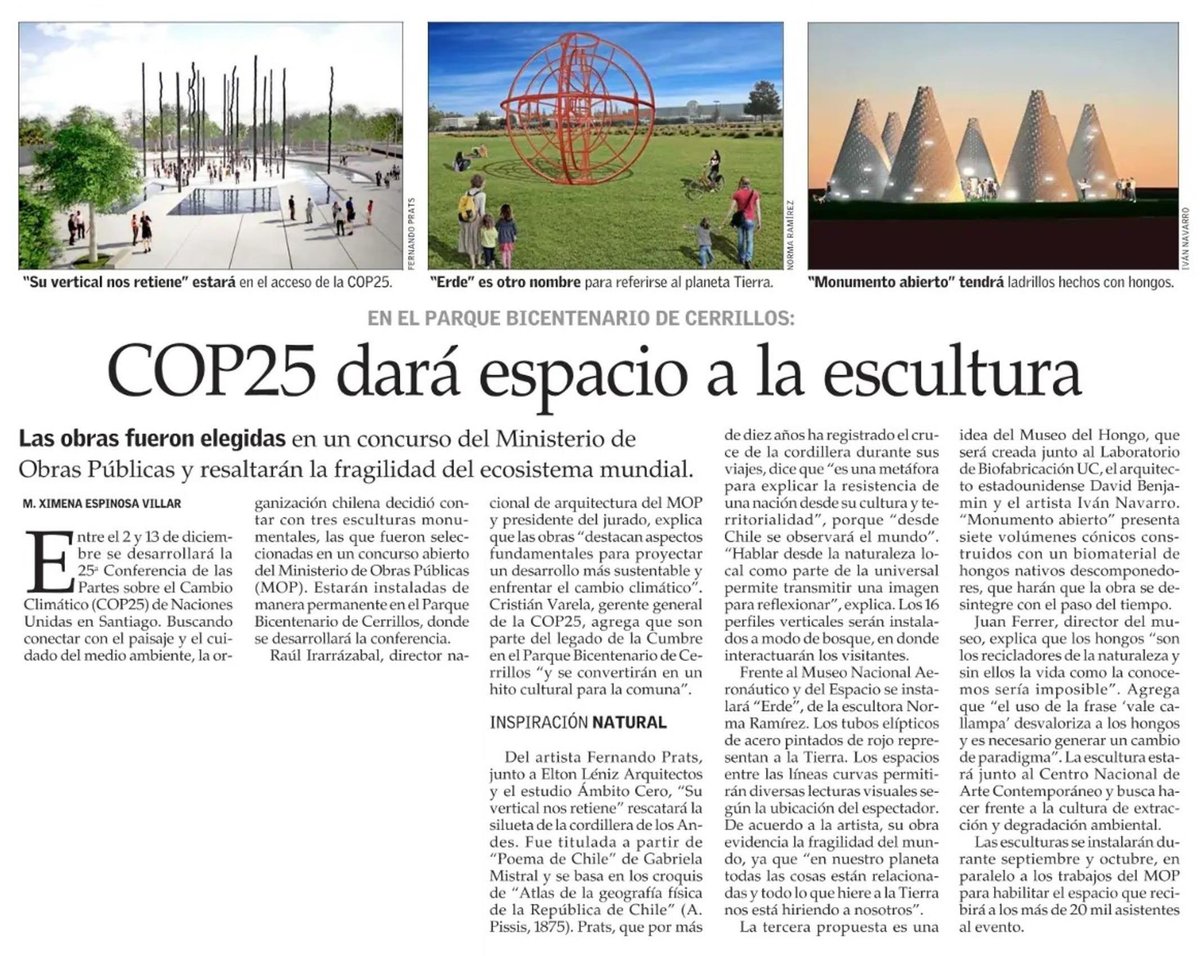 Laboratorio de Biofabricación FADEU construirá junto al arquitecto estadounidense David Benjamin y al artista Iván Navarro escultura de ladrillos de biomaterial hechos de micelio de hongos nativos para la @COP25CL 

arquitectura.uc.cl/proyectos/noti…