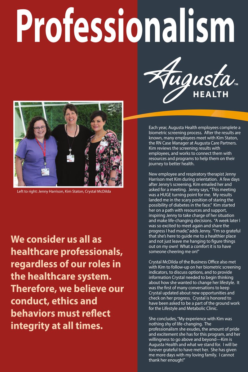 AugustaHealthVA's tweet photo. Thank you Kim for helping so many on their journey to better health. #theaugustahealthway #valuescelebration #professionalism https://t.co/RBiZakkGE1