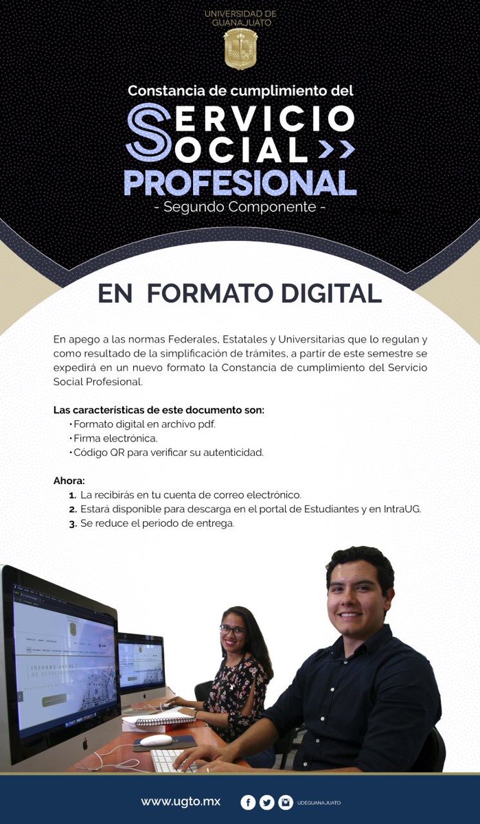 Sabías que ya puedes recibir tu constancia de cumplimiento del Servicio Social en formato digital. #SoyUG