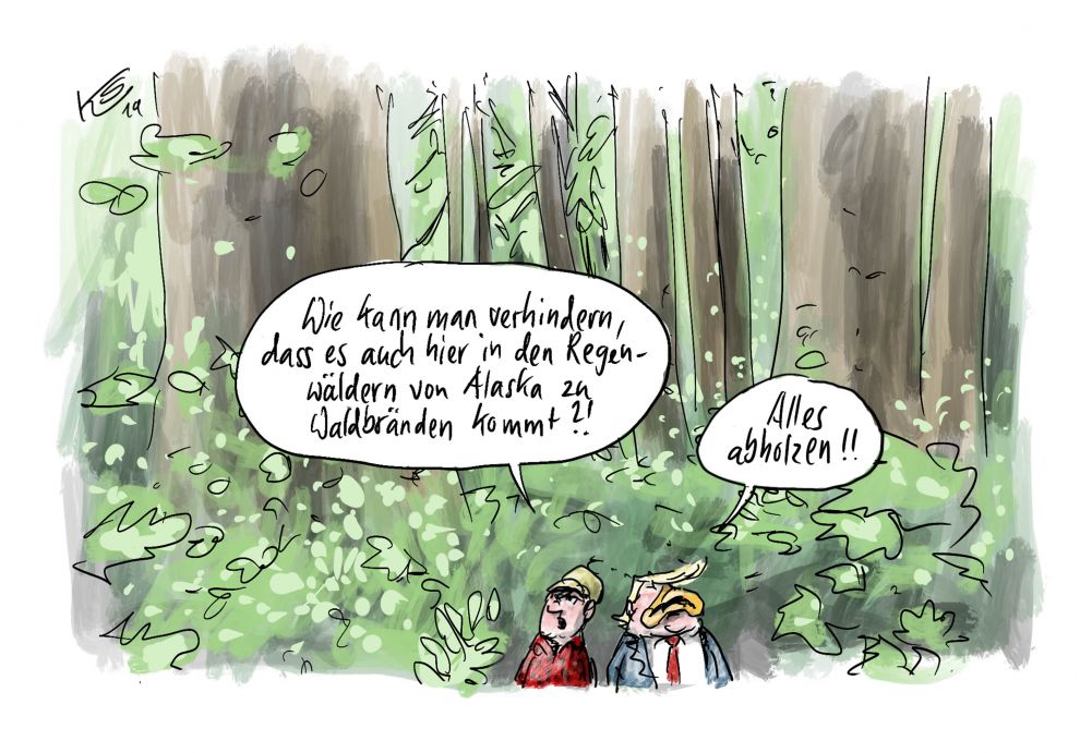WbgKhr's tweet photo. Weiteres #Naturparadies in Gefahr!
#Trump will #Regenwälder #Alaskas zur Abholzung freigeben.
Das mit dem #Klimaschutz wird wohl nix mehr.
Was fällt dem bloß morgen noch ein? 🙁😠
(Karikatur Stuttmann) https://t.co/Js65y2Zvi8