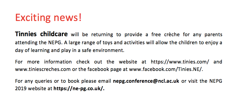 NEPGconference's tweet photo. A quick reminder that the #NEPG19 will be providing childcare during the event happening on the 22nd of Nov at the Civic Centre (Ncl). Check the website: https://t.co/5mwwAIiDpU. #increasingaccessibility @FMSgradschool @FMSDiversityNCL @StudentsNCL @DiMeN_DTP @FBMH_DocAcad https://t.co/DdGw1oQCDn