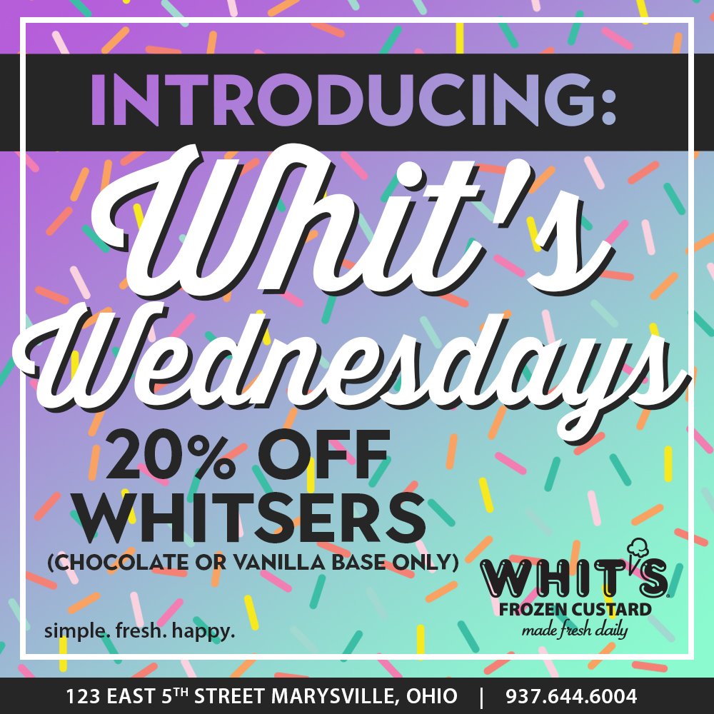 Every Wednesday for the rest of the summer we will be offering 20% off all Whitsers. ALL DAY!! Share with your friends and we will see you soon! #whitsfrozencustard