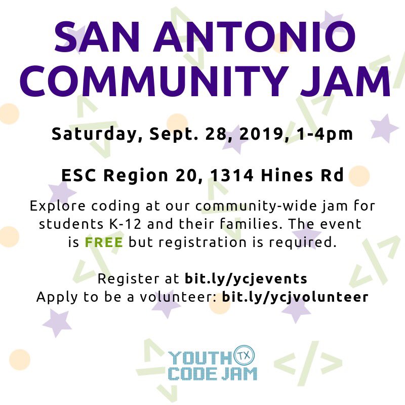YouthCodeJam's tweet photo. Join us on Saturday, Sept. 28, from 1-4pm for our FREE community coding event in #SanAntonio at @ESCRegion20 . Registration required: https://t.co/zJl7ZOA4aP                 Sign up to volunteer at bit.y/ycjvolunteer #csforallkids #csforall #sajam #sajam19 #txcodejam #parents https://t.co/LdhjGQhAo5