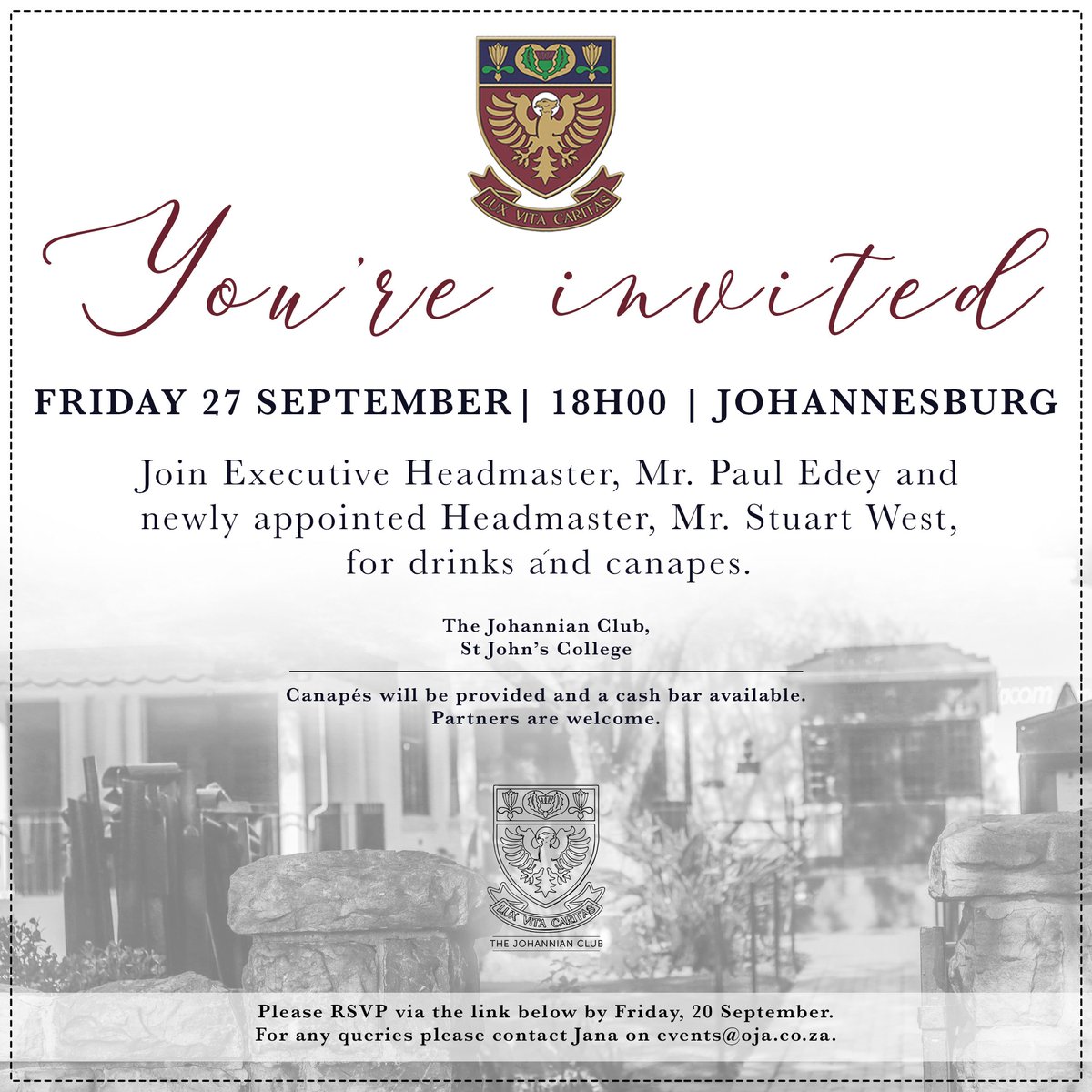 All Old Johannians, please join us for drinks and canapés with Executive Headmaster Mr Paul Edey and newly appointed Headmaster Stuart West. Canapés will be provided and a cash bar available, partners welcome
buff.ly/348D5sr