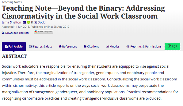 SCSG_SSSW's tweet image. Thanks #JSWE! Perfect timing for this teaching note by @silbermanssw faculty @DrDoddie &amp;amp; @PagingDrJama #socialwork #LGBTQ @CSocialWorkEd  
bit.ly/2ZAoxi9