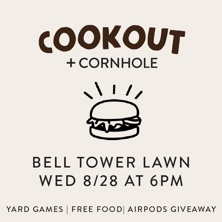 bgsucru's tweet photo. We’re bummed that the pizza party got rained out, but we are thankful for sunny skies today! Join us for a cookout, cornhole, other fun yard games, and also get the chance to win a free pair of AirPods! See you at 6! https://t.co/dMeFJQQlmr