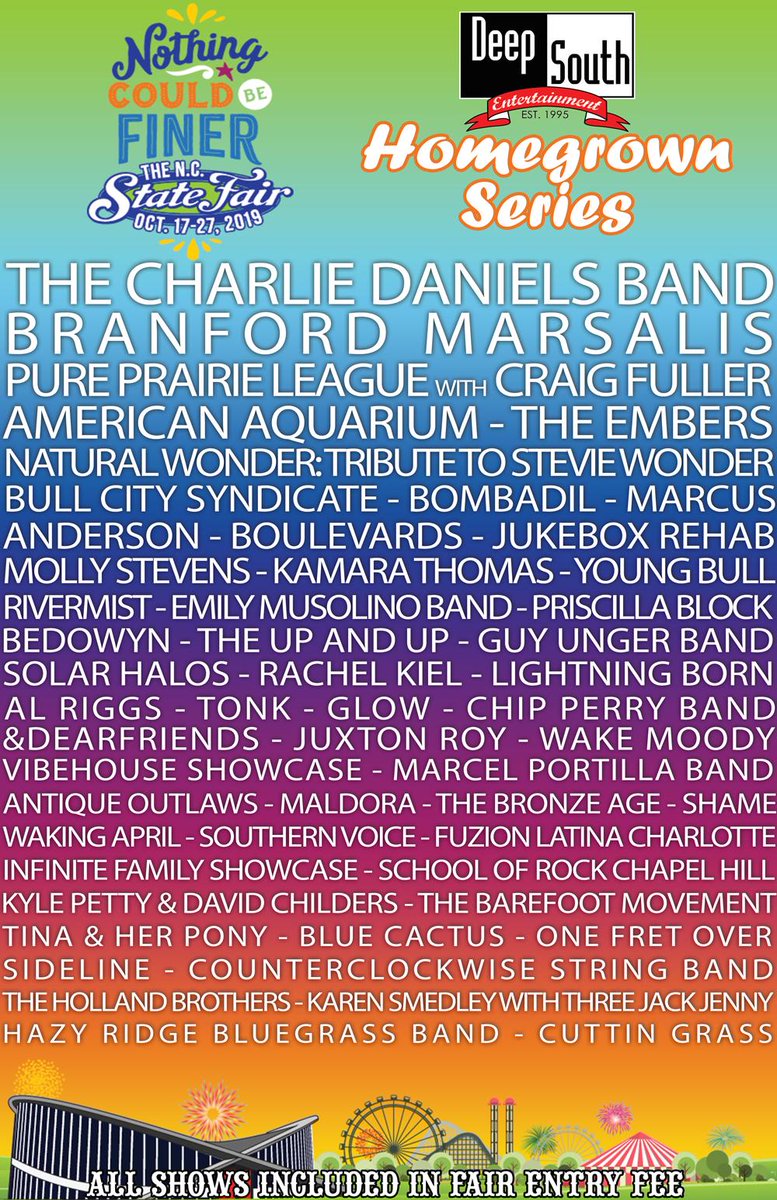 I booked a bunch of NC's best acts for the <a href="/NCStateFair/">N.C. State Fair</a> alongside <a href="/therealamycox/">Amy Cox</a> for <a href="/DeepSouthEnt/">Deep South</a> - hope to see y'all at some shows!