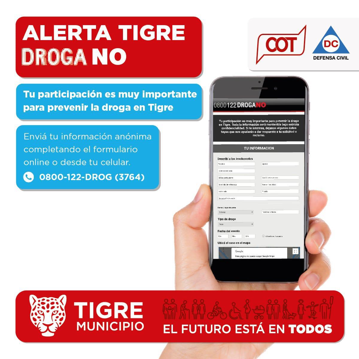 AlertaTigre's tweet photo. ℹ️ En Tigre existe un sistema multicanal de denuncias por venta de drogas, que es anónimo y gratuito. 
#0800DrogaNO integrado totalmente al sistema #AlertaTigreGlobal 👇

https://t.co/uiZpwbak8Q https://t.co/GCEh2GFzLp