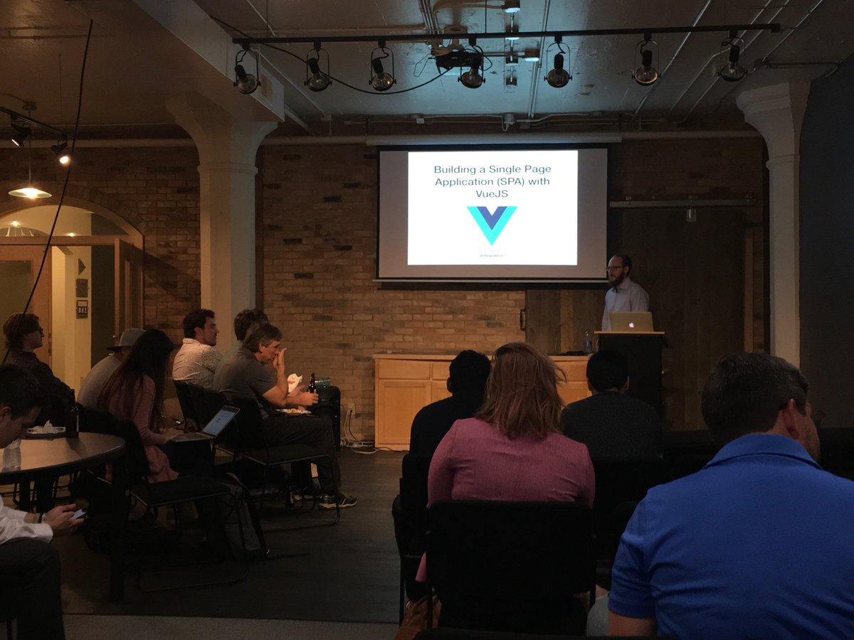 521dimensions's tweet photo. We're amazed how many people attended @danpastori's presentation on "Building a Single Page Application (SPA) with @vuejs" for the @mkejs Meetup

The meetup organizer said "We've run out of chairs." 80 people RSVP'd! We're thankful to contribute to the Milwaukee Dev community. https://t.co/FxEqxhU464
