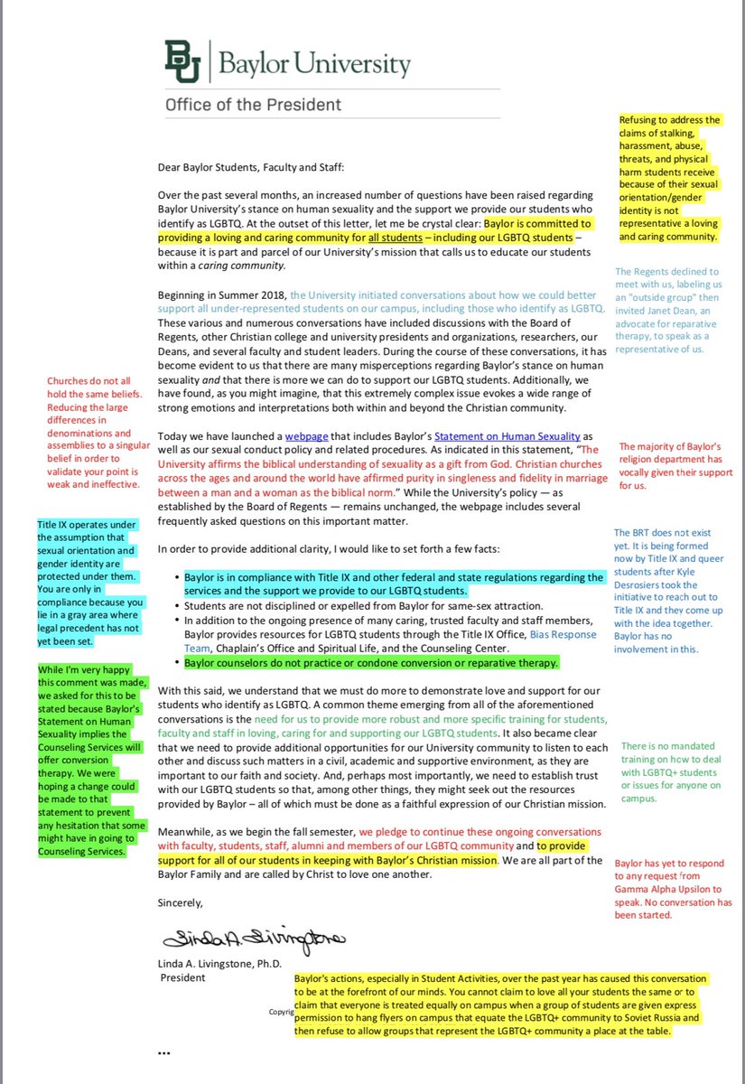 annathealphabet's tweet image. My response to the email President @LindaLlivings sent yesterday. I want to say that I don’t blame her for this. I blame all the people around her who are misconstruing the situation bc they don’t want to see us chartered. @Baylor @BaylorStuAct #BUforAll #baylor