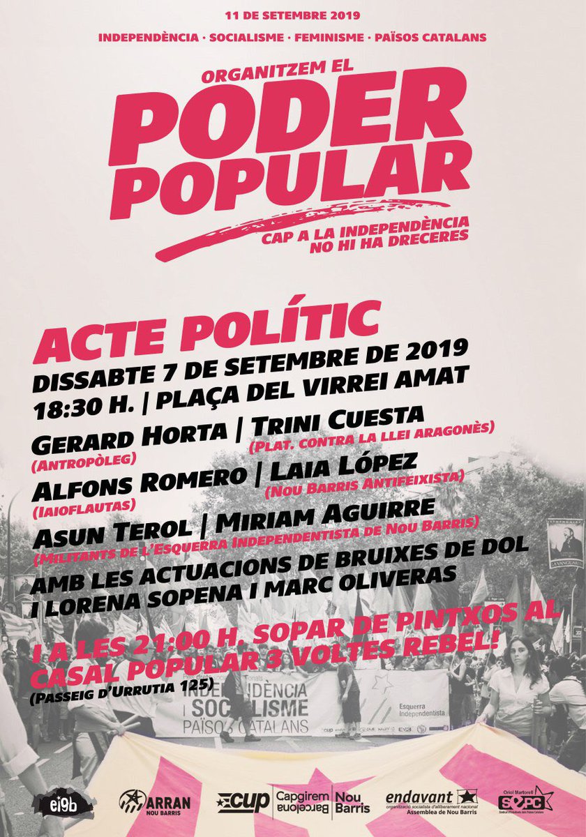 ei9barris's tweet photo. A Nou Barris organitzem el poder popular: cap a la independencia no hi ha dreceres

El 7/09 l'Esquerra Independentista de Nou Barris convoquem amb motiu de l'11 de setembre:

18.30 h Acte polític, Plaça Virrei Amat 

21 h Sopar popular de pintxos al @CP3VoltesRebel https://t.co/WTzY18rCYR