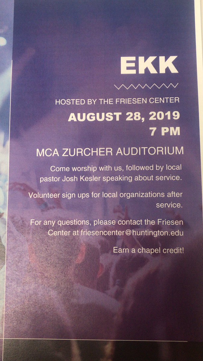 FriesenCenter's tweet photo. Join us for the EKK and get some chapel credit! See you at 7 in Zurcher Auditorium tonight! https://t.co/xG3IJYoWpa