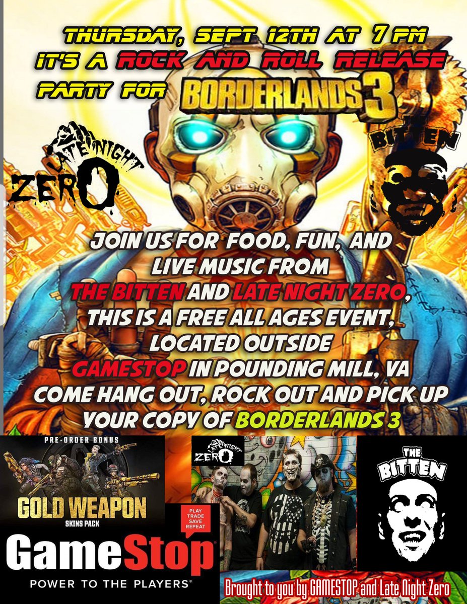 LateNightZero's tweet image. Its time for a Rock and Roll Release party! With Late Night Zero and The Bitten, At @GameStop in Pounding Mill Va. see you Sept 12th!