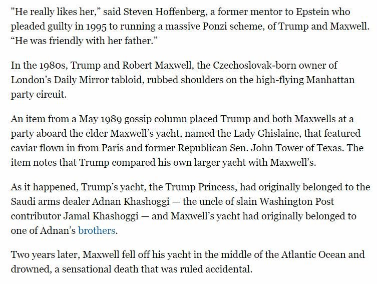 The pic above may have been from 1989 on Robert Maxwell's boat. ""He really likes her,” said Steven Hoffenberg, a former mentor to Epstein who pleaded guilty in 1995 to running a massive Ponzi scheme, of Trump and [Ghislaine] Maxwell." @realDonaldTrump  https://www.politico.com/story/2019/07/21/jeffrey-epstein-trump-clinton-1424120