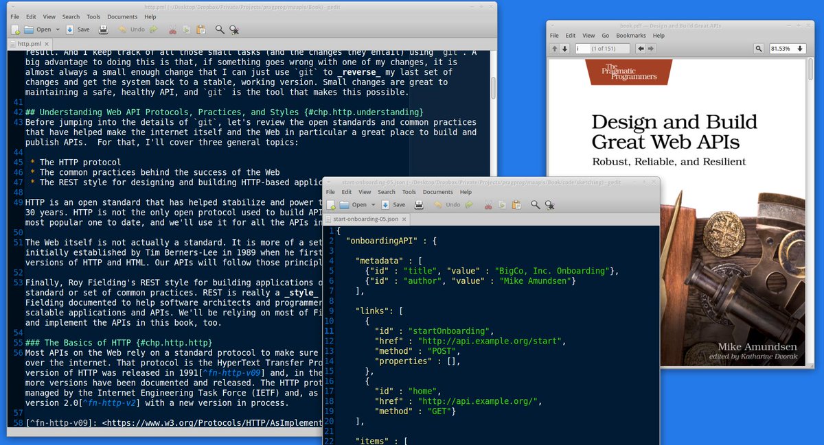 spending the week cleaning up the initial chapters and exercise solutions for my upcoming <a href="/pragprog/">PragmaticProgrammers</a> book <a href="/greatwebapis/">Great Web APIs</a>. aiming for another update in early september. sign on to the beta here: b.mamund.com/2VLkWjp #betaBook
