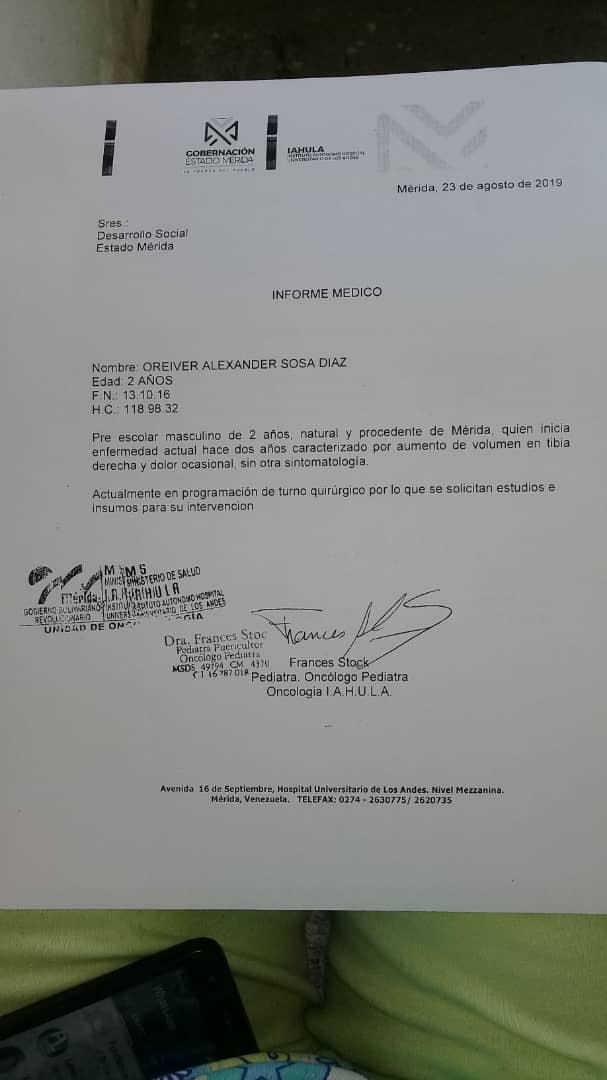 Fundanve's tweet photo. #MeridaSolidaria
El pequeño Oreiver Alexander Sosa Diaz. 2años y 9 meses,
se encuentra en el Seguro Social y posee como
diagnóstico: .
Osteoma osteoide a nivel tibial próximal, derecho.
Requiere cirugía, e insumos médicoquirúrgicos, quienes puedan apoyar
Contacto: 0416-172.14.11 https://t.co/OARAadYmN2