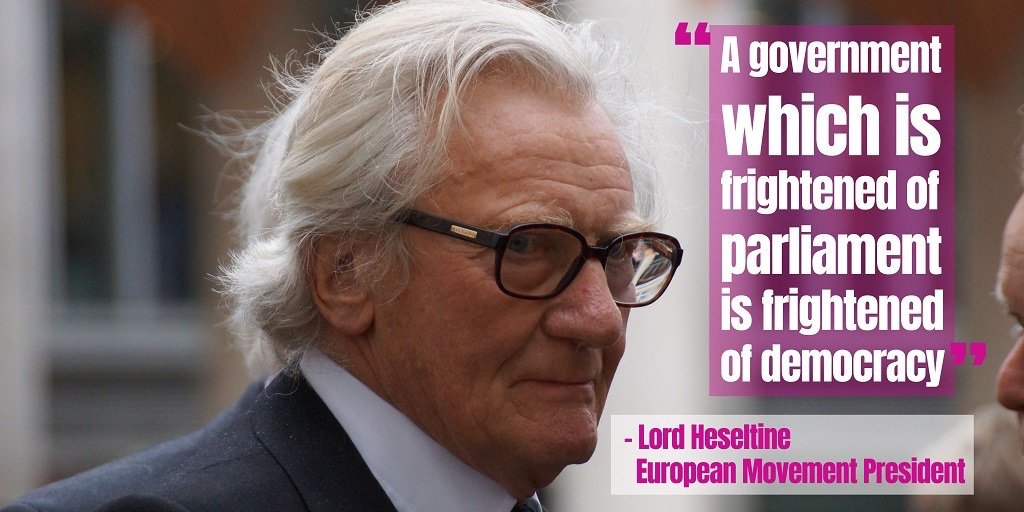 European Movement President Lord Heseltine responds to Boris Johnson's suspension of parliament: "A government which is frightened of parliament is frightened of democracy" 🙌
#BlockTheCoup #PeoplesVote #No2NoDeal