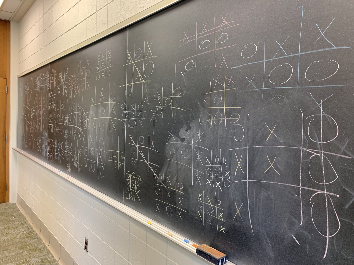 AaronDinin's tweet image. On the first day of our #LearningToFail class, @stargould and I asked our students to bring as many strangers as possible to the classroom to play a game of Tic Tac Toe on the board. After 250+ games, I learned that people get surprisingly competitive about Tic Tac Toe 😳