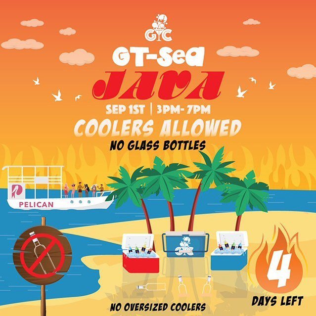 gtc_tt's tweet image. ‼️This is not a drill‼️
We’re 4 days away from the greatest boat ride to end your JAVA. 🥵
Bring your vibes and your drinks! 🥂 Coolers are allowed on board the Ocean Pelican! 🛥
.
.
❌ NO Glass Bottles.
❌ NO Oversized coolers. .
.
.
#GTSEAJAVA
#Goo… ift.tt/2PAc4v9