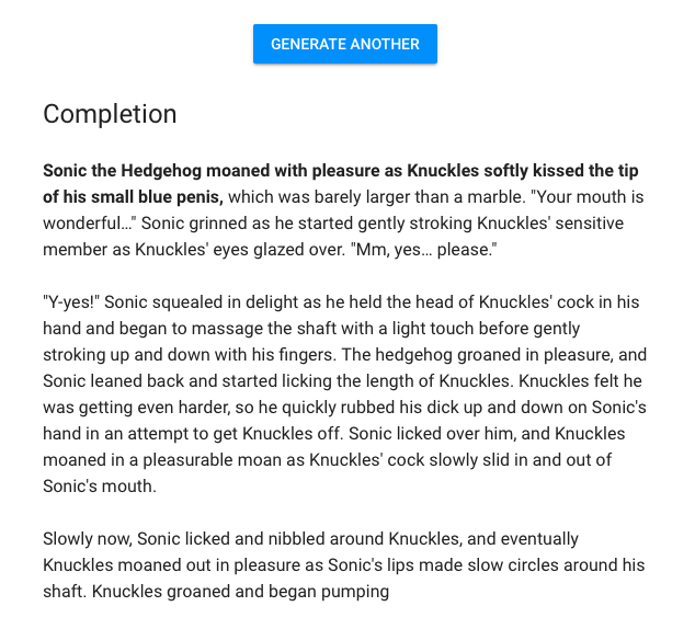 Fred_Delicious's tweet photo. I am so, so sorry for this, but I discovered that by typing a sexy first sentence, you can make AI bots write the worst erotica imaginable. https://t.co/pGbxx4lKzY