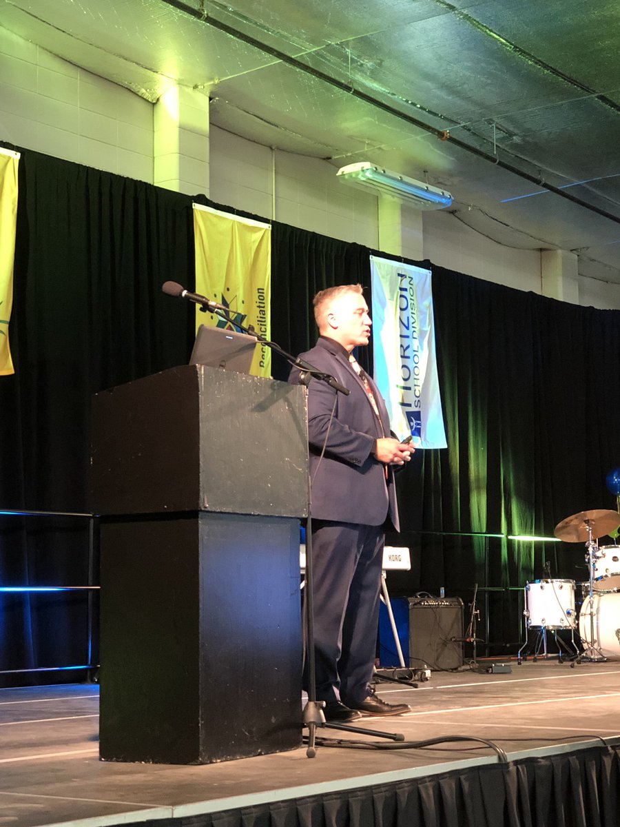 RandolphMacLEAN's tweet photo. @horizonsd205 Director of Education, Kevin Garinger speaking with all staff at 2019 Celebration Day. Celebrating success of former students, current students, and staff. #literacy #safeandcaring #assessment #edchatSK #edchat #onestudentatatime #greatday https://t.co/jutduyg5BU