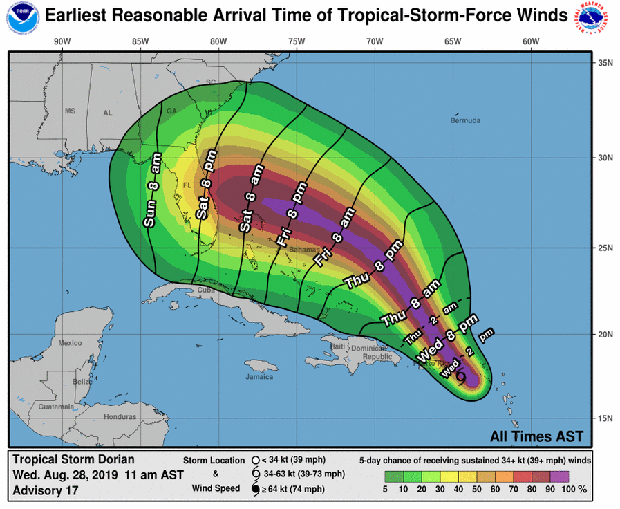 NHC_Atlantic's tweet image. Tropical-storm-force winds from #Dorian could begin in parts of Florida *as early as* Saturday or Saturday night. Now is the time to begin thinking about what kinds of preparations you might need to make over the next couple of days. weather.gov/wrn/hurricane-…
