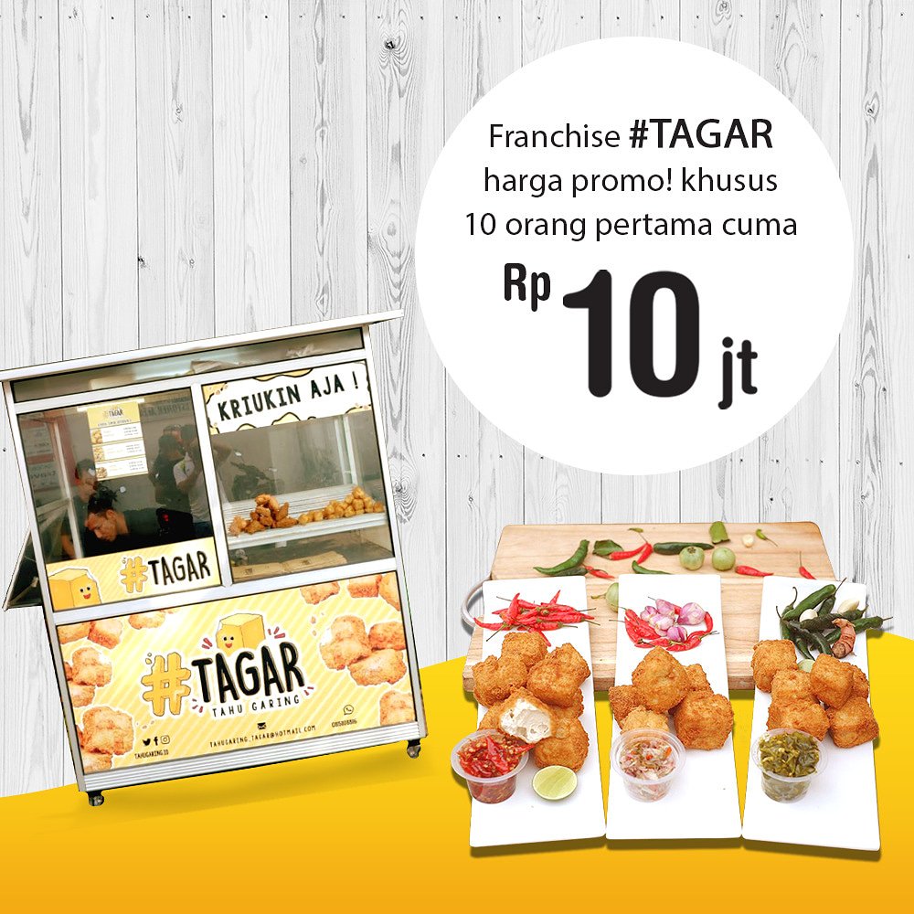 tahugaring's tweet photo. Yang mau mulai membuat usaha, yuk cus kamu bisa langsung gabung franchise #TAGAR. Biayanya cukup murah, hanya Rp 10 juta aja loh khusus 10 orang pertama!⁣⁣
⁣⁣⁣
Bisnis itu gak mahal guys!⁣⁣⁣
Yuk mulai bisnis sekarang juga! https://t.co/PxjQbnC4Jf