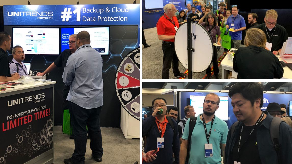 Unitrends's tweet photo. It's been a great week at @VMworld so far & we can’t believe today is our last day in the Solutions Exchange! We’re ready for another busy day of answering your #DataProtection questions, so stop by booth 1968 & spin our prize wheel! #VMworld #BackupBetter #MakeYourMark https://t.co/sfoyBwji24