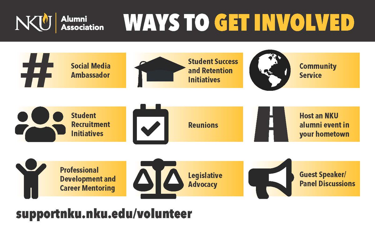 NKUalumni's tweet photo. We are excited to introduce all new ways to get involved as an NKU Alum!

Visit https://t.co/EWJjzPwKA9 to tell us how you want to get involved! https://t.co/3AK7Bd8Zy8