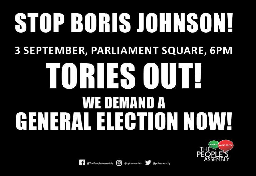 StopGen0cide's tweet photo. Stop Boris Johnson! #StopTheCoup
Tuesday 3 September, 6pm-8pm, Parliament Square, London
#GeneralElectionNow https://t.co/Mt7uNsZMs7