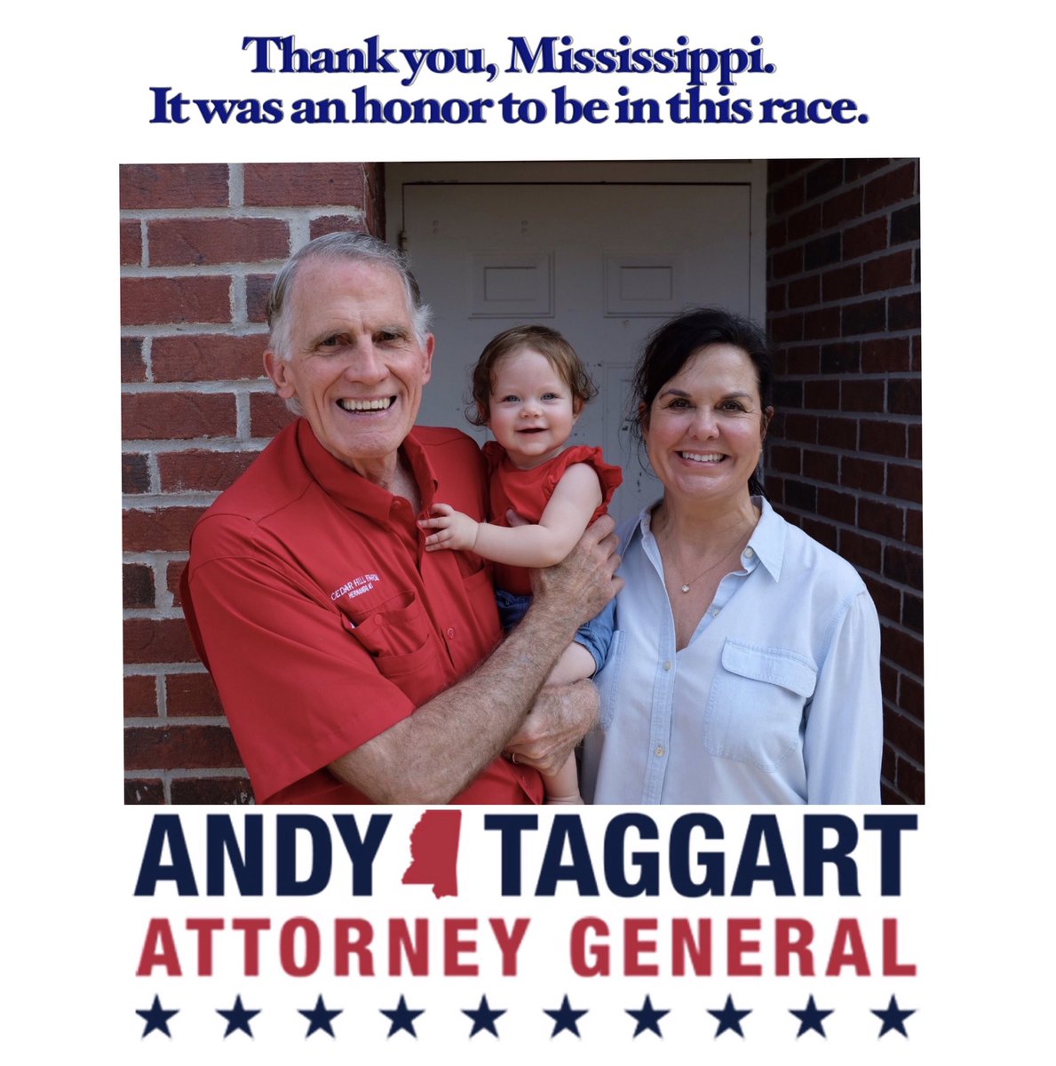 Andy_for_AG's tweet photo. Truly, it was an honor. We have no regrets. We worked as hard as we could, and the voters chose the other candidate. 

The process works, and it’s still the greatest in history. Thank you, Mississippi. 

#Truths1and21 https://t.co/7zacemg6dc