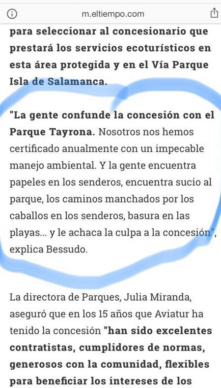 Aquí radica el verdadero problema del Tayrona: la concesión se ciñe a los terrenos propiedad del Estado, tan solo un 5% de las 17 mil hectáreas de su superficie total, pero del resto del parque, ¿quién se ocupa? Srs. de <a href="/ParquesColombia/">Parques Nacionales Naturales de Colombia</a>, este modelo NO funciona, toca buscar otro