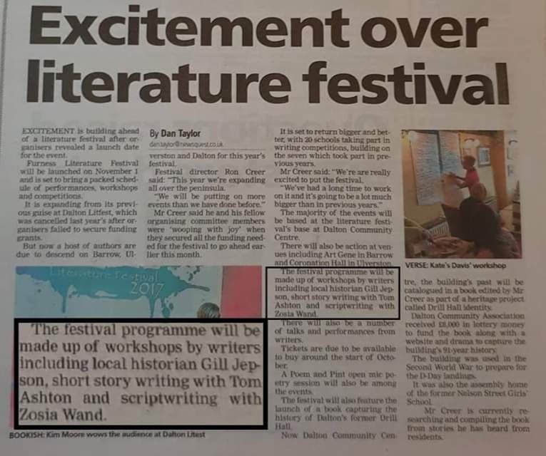 Nice little shoutout in the local paper today. 
Really looking forward to running my short story workshop on November 2nd at Furness Litfest. 😊
Tickets on sale soon. 
#amwriting #cumbria #WritingCommunity <a href="/FurnessLitfest/">Furness LitFest</a> #tomashton