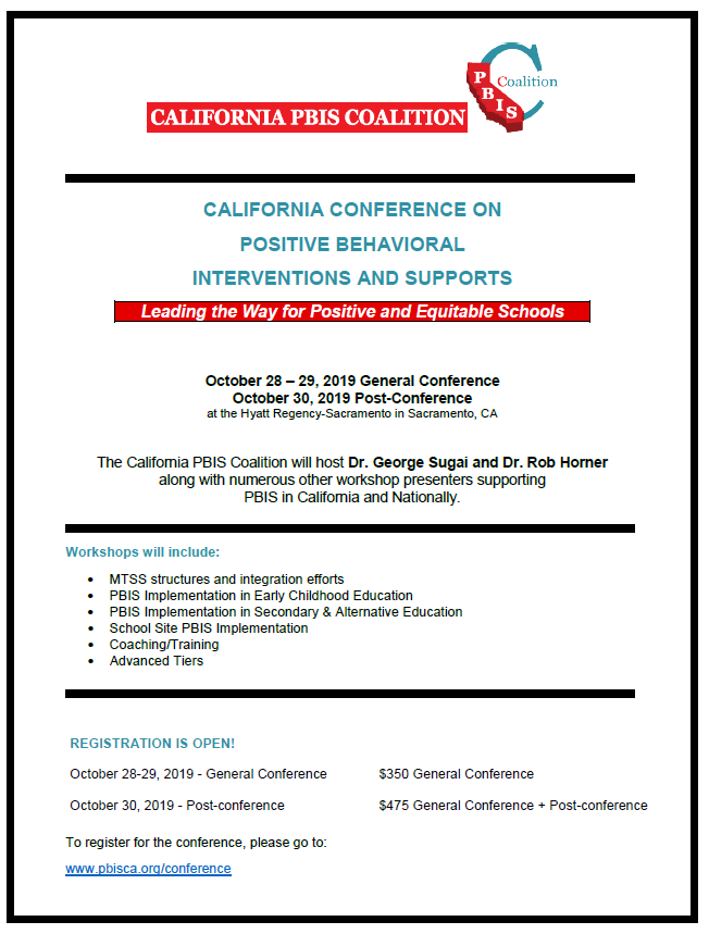 CaProfLearning's tweet image. Have you registered yet for the @PBIS_CA conference? Join your fellow educators in Sacramento on 10/28-30 for tons of amazing workshops and engaging, informative speakers. Register at pbisca.org/conference! #SEL #wholechild #keeplearningCA #PBIS