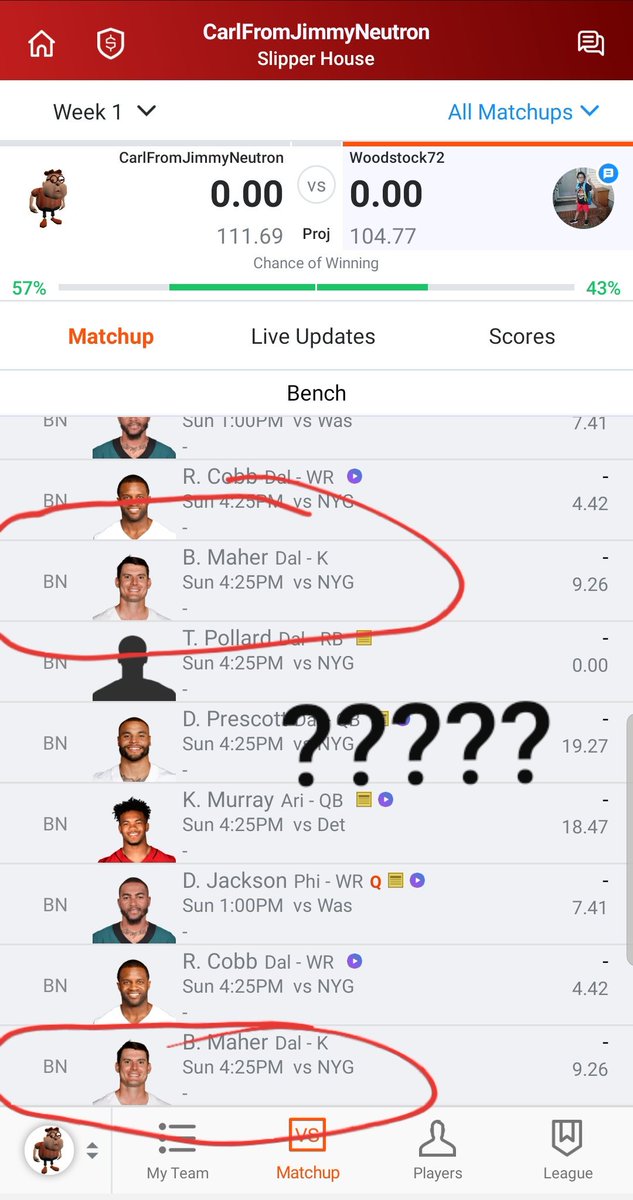 thesmoothcheek's tweet photo. @YahooFantasy What's going on with the app? who's cloning the Cowboys kicker? #FantasyFootball https://t.co/jyrit6abWn
