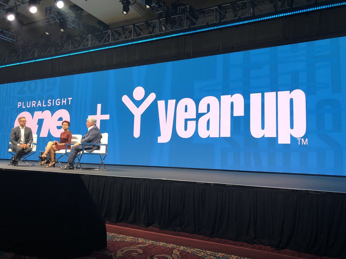 bradrencher's tweet photo. Inspiring overview of partnership between @pluralsight and a fantastic organization @YearUp - opportunity to impact millions of young lives and careers #pslive2019 https://t.co/Z8yOA3pAis