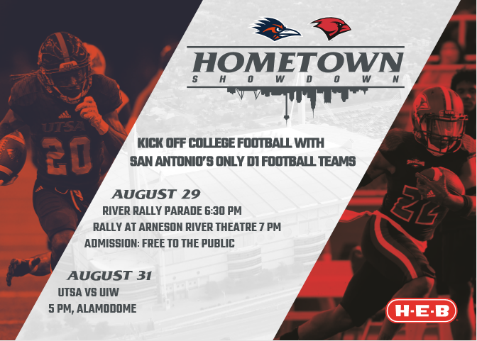 Join me at the River Rally tomorrow evening to cheer on <a href="/UTSAAthletics/">UTSA Athletics</a> and <a href="/UIWAthletics/">UIW ATHLETICS</a> as they parade through the Riverwalk and rally at the Arneson River Theatre! 
                             📣🏈📣!

#HometownShowdown #UTSA #UIW #Birdsup #Cardinalcity
facebook.com/events/4172557…