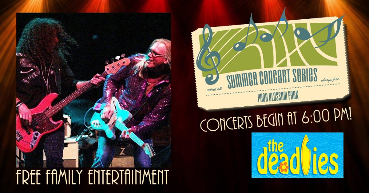 Medford Parks &amp; Recreation invites you to our season finale FREE summer concert this Friday, August 30th, 6PM, at Pear  Blossom Park. We're ending with a bang so come listen to the incredibly talented surf rock band from California, The Deadlies! #playmedford #thedeadlies