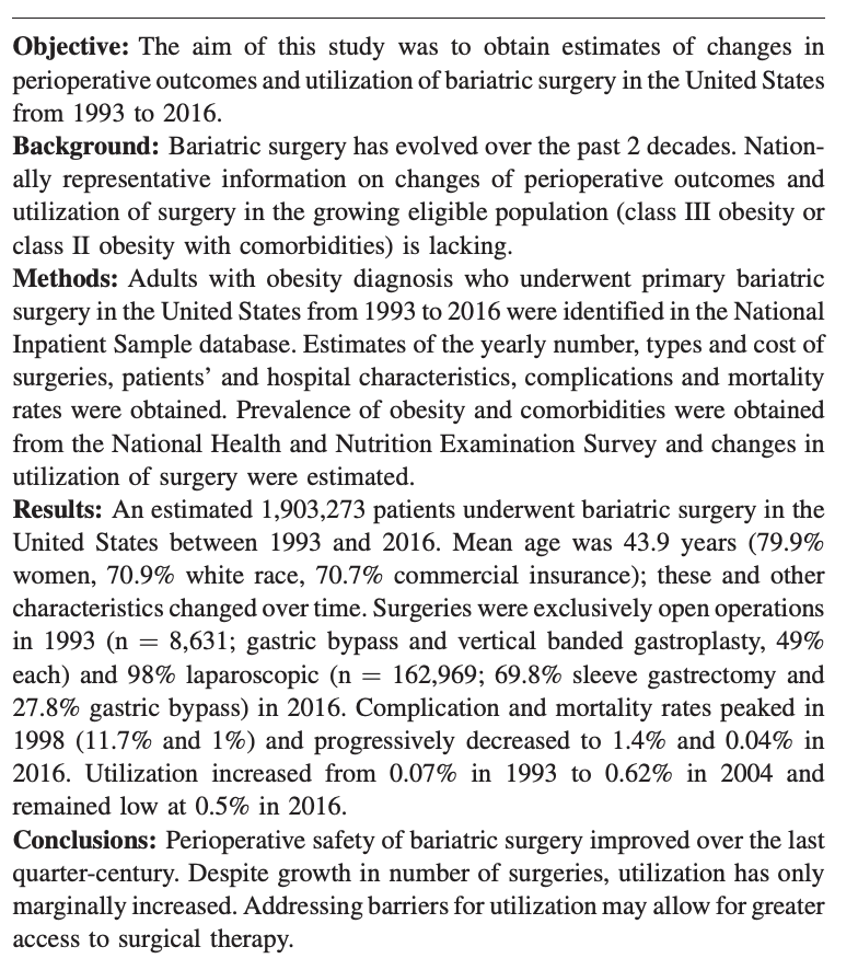 Annals of Surgery (@annalsofsurgery) on Twitter photo Though bariatric surgery has become safer & more popular, utilization of these operations in the US remains just 0.5% of the eligible population.
New data from <a href="/VCU_Surgery/">VCU Surgery</a> on bariatric surgery trends, 1993-2016: journals.lww.com/annalsofsurgerā¦
<a href="/ASMBS/">ASMBS</a>
<a href="/BariatricNews/">Bariatric News</a>
<a href="/ObesitySociety/">The Obesity Society</a> Though bariatric surgery has become safer & more popular, utilization of these operations in the US remains just 0.5% of the eligible population.
New data from <a href="/VCU_Surgery/">VCU Surgery</a> on bariatric surgery trends, 1993-2016: journals.lww.com/annalsofsurgerā¦
<a href="/ASMBS/">ASMBS</a>
<a href="/BariatricNews/">Bariatric News</a>
<a href="/ObesitySociety/">The Obesity Society</a>