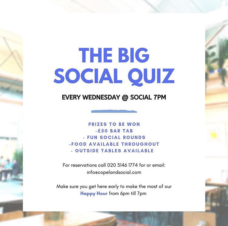 Introducing the Big Social Quiz that will be every Wednesday starting next week. To book your table now email info@copelandsocial.com #copelandsocial