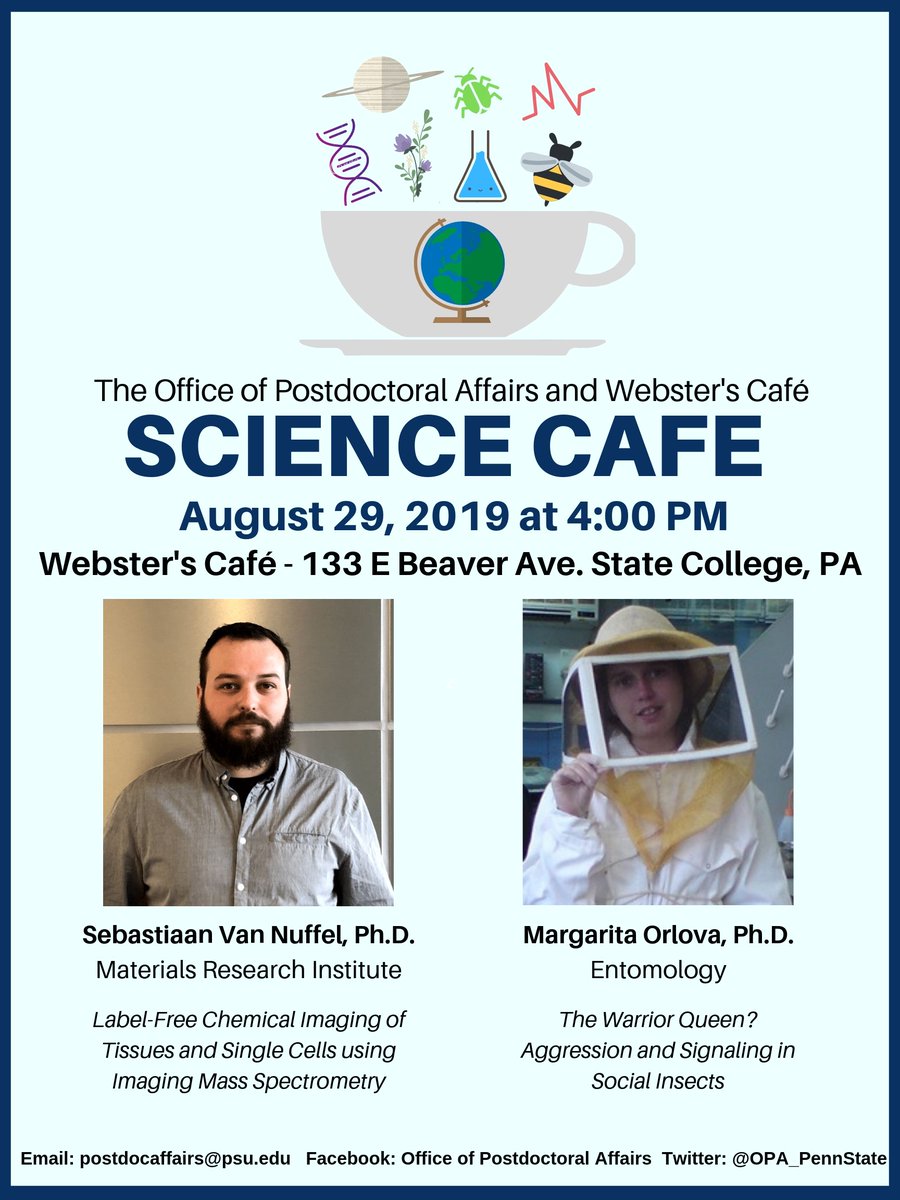 OPA_PennState's tweet photo. Come join us at Webster's Cafe tomorrow at 4pm for our monthly Science Cafe! https://t.co/hIgA2lWr5E