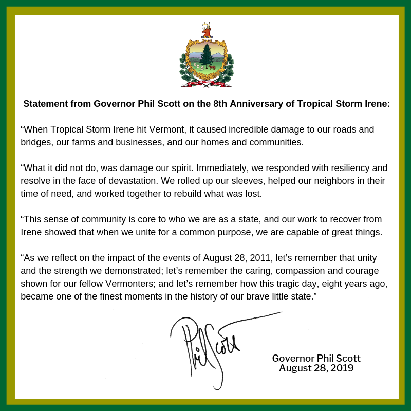 GovPhilScott's tweet photo. See my statement on the 8th anniversary of Tropical Storm Irene #VTStronger https://t.co/3YT9NcUzYa