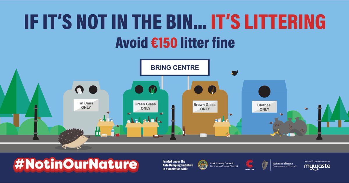 Corkcoco's tweet photo. Littering at bring banks can be as simple as leaving a bottle beside the bins. Please always use the bins appropriately and report full bins and littering offences to 021 428 5417. Find your nearest Bring Bank at https://t.co/gSFRrJ02ip. @Dept_CCAE @MyWasteIreland #NotInOurNature https://t.co/4dfL1CUcKy